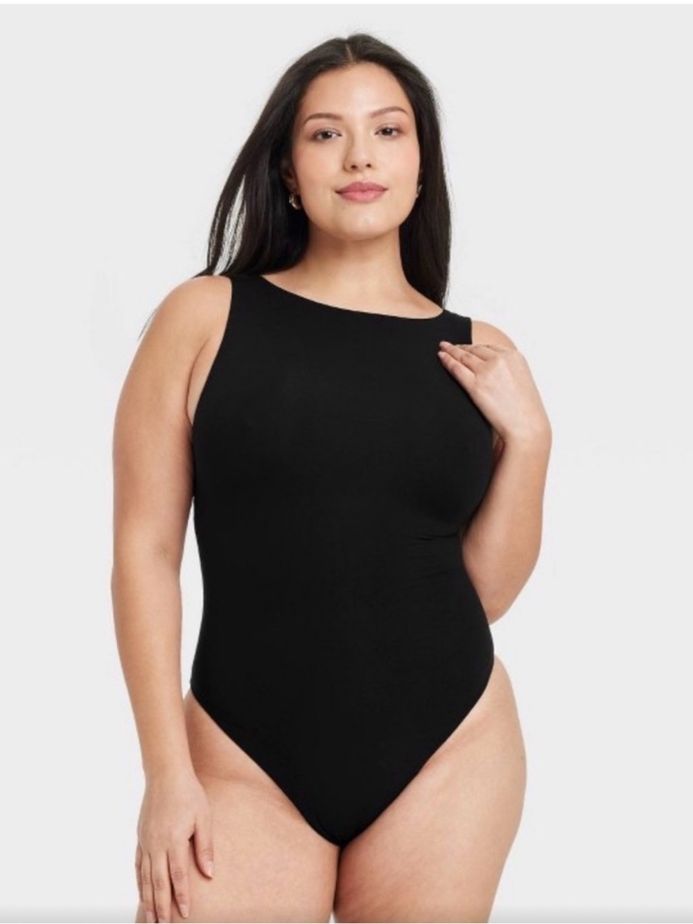 Auden Luxe Stretch Boatneck Thong Bodysuit Black Size Large NWT